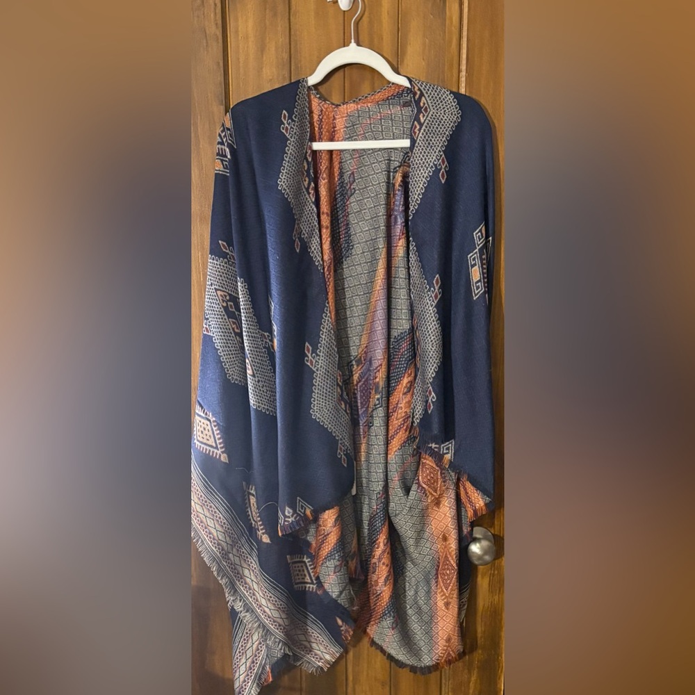 Navy and Orange Patterned Women's Poncho